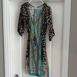 Johnny Was Black and Turquoise Floral Midi Dress